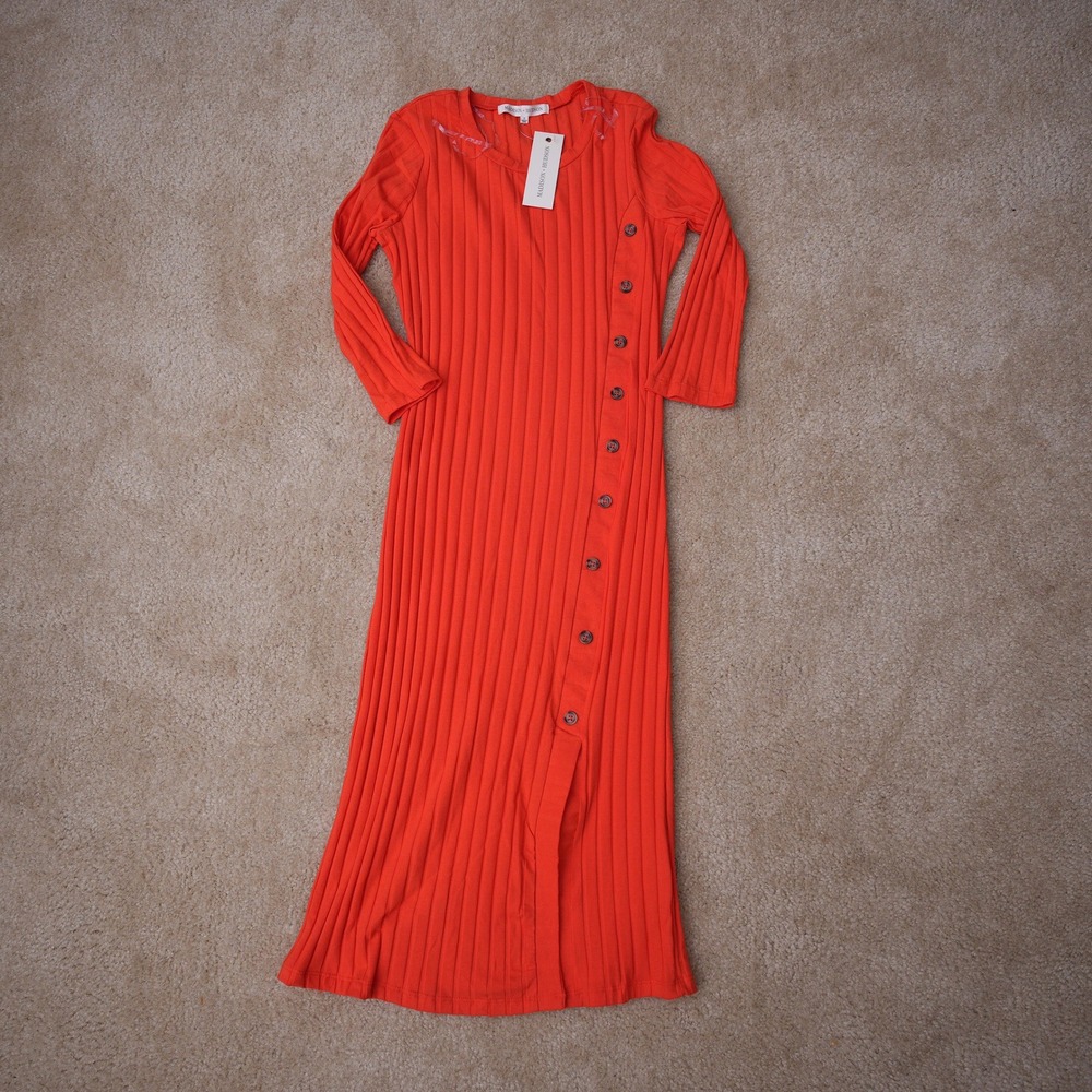 Madison + Hudson Womens Ribbed Maxi Dress Orange Side Button Slit Long Sleeve S